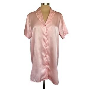 Erika Taylor Intimates Pink Satin Sleep Shirt Short Gown Size M Button Front